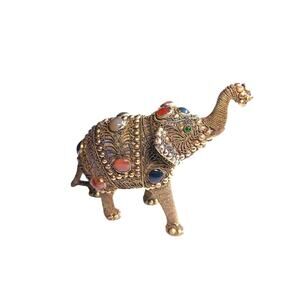 Vtg Antique Jeweled Elephant Sculpture Paperweight Brass Wire Filigree Cabachons